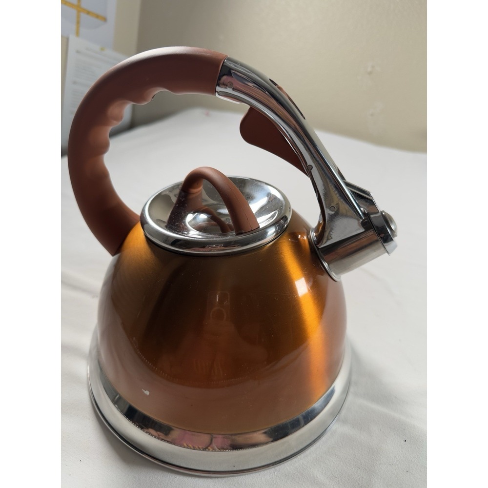 Lenox Whistling Tea Kettle 2 5 Qt Stainless Steel Gold Rubber Handle - Picture 3 of 11